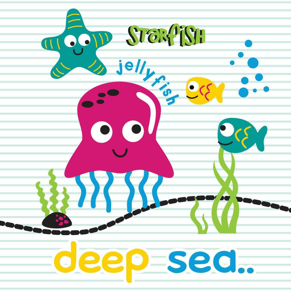 Medusa y amigo en el profundo mar gracioso animal dibujos animados vector