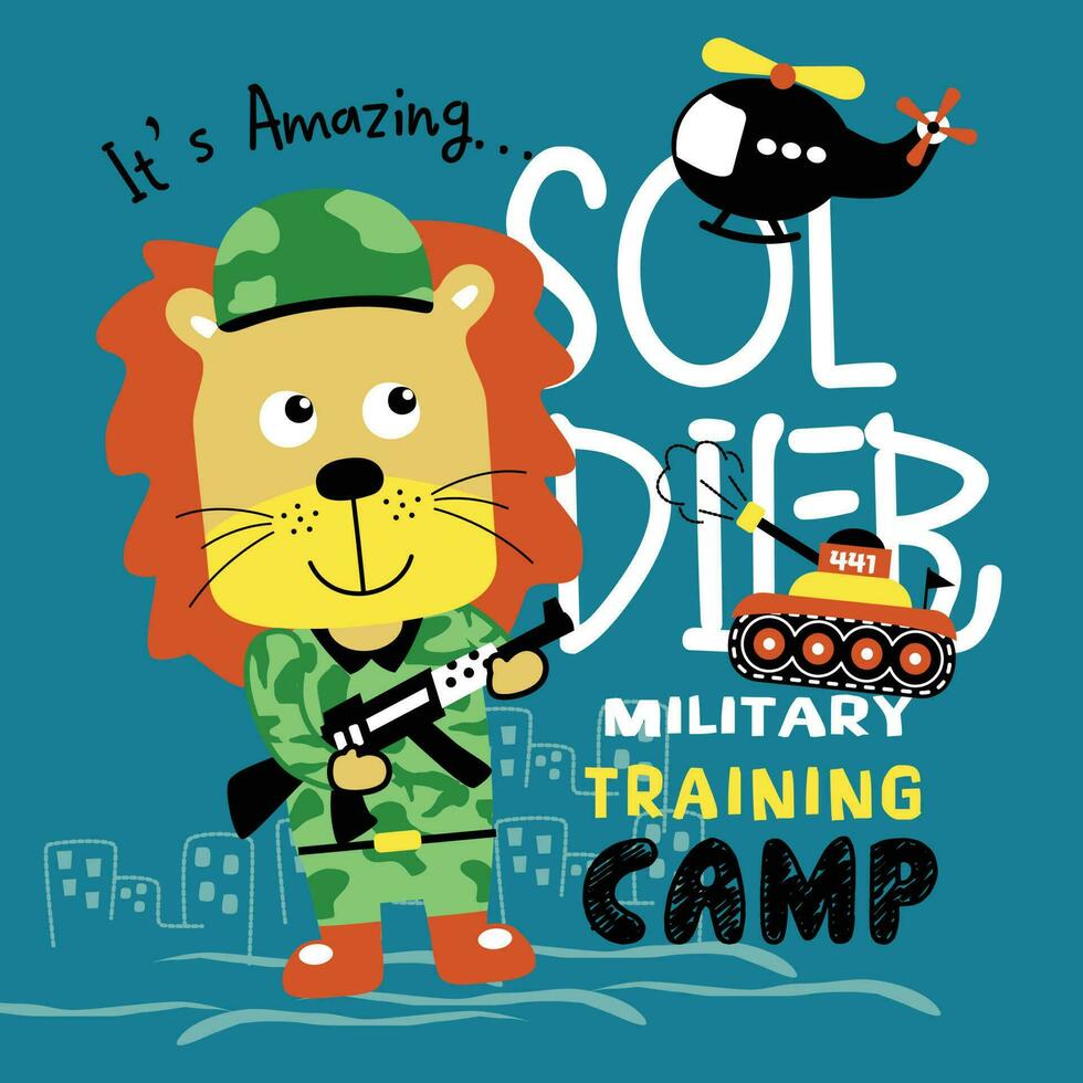 lion the soldier funny animal cartoon vector