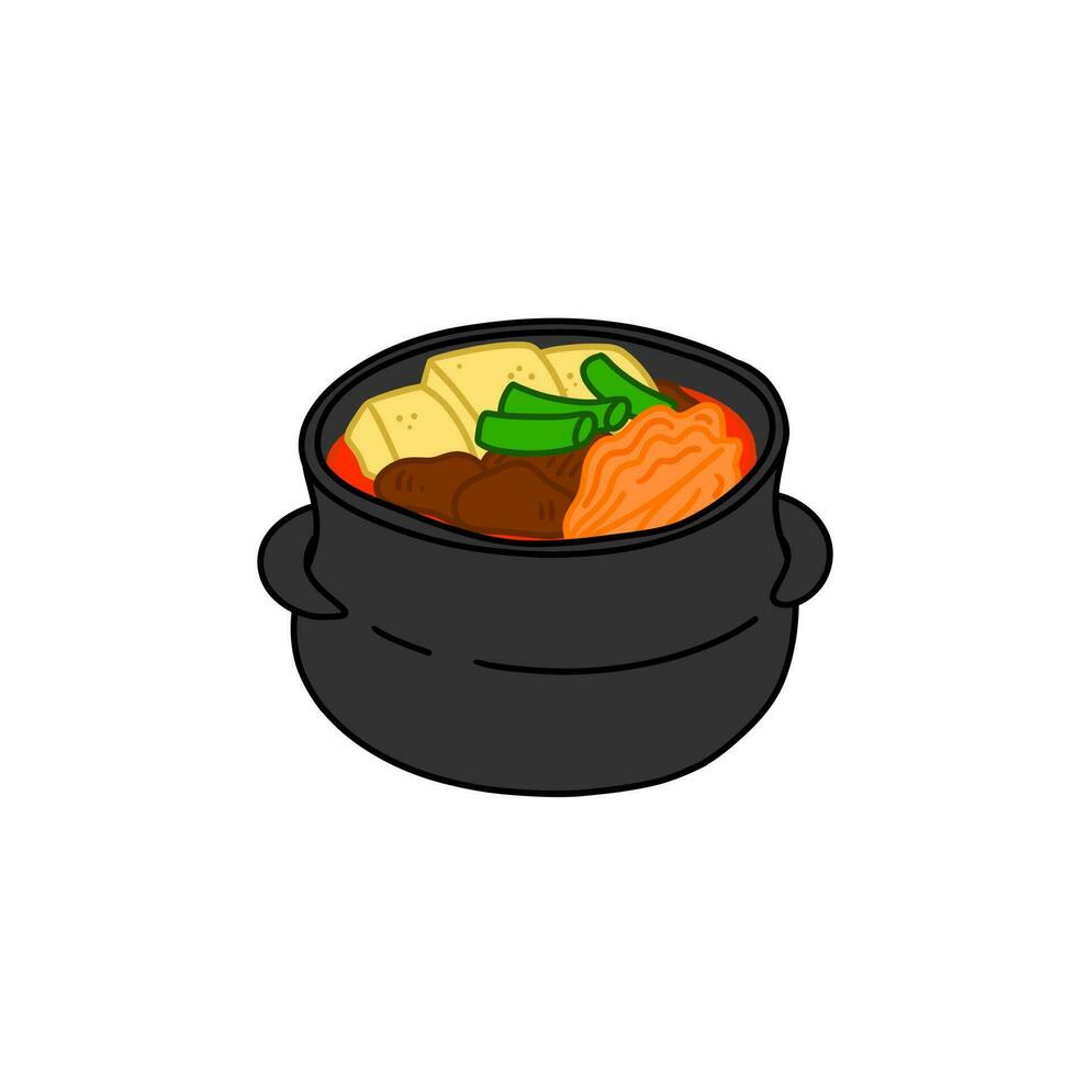 Korean traditional spicy soup. Kimchi tige with tofu, vegetables, meat, chili and onion. Hot asian delicious. Healthy gourmet food vector