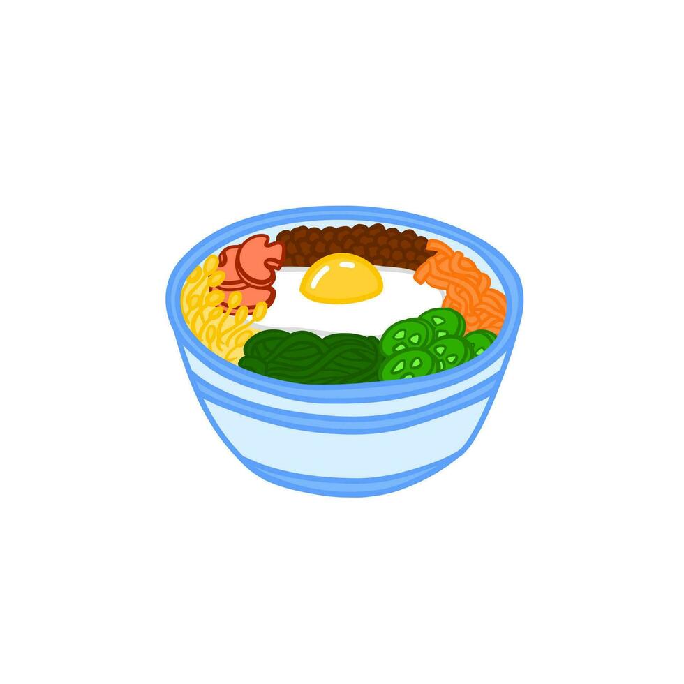 Bibimbap vector flat illustration. Asian bowl with eggs, beef, vegetables. Korean cuisine food. Editable lunch