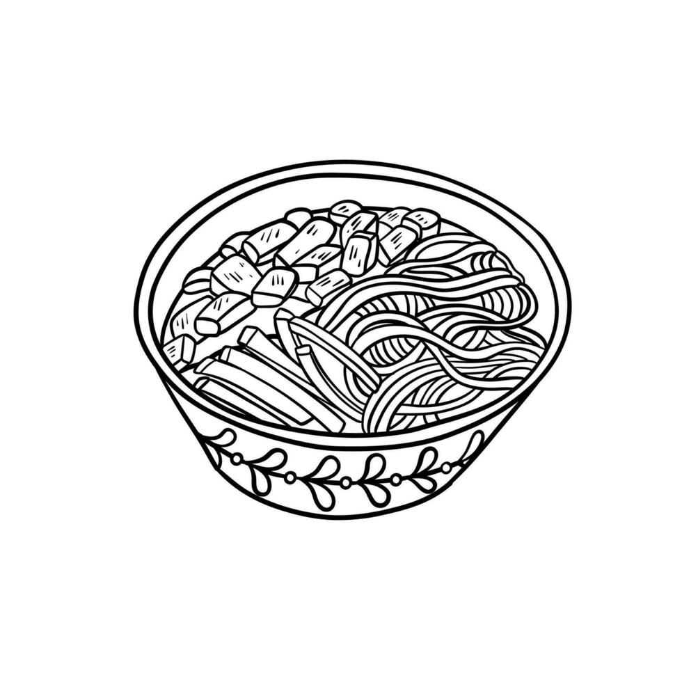 Jajangmyeon is traditional asian noodles. Korean black bean sauce noodles withe cucumber. Chinese style cuisine. Vector illustration in outline style