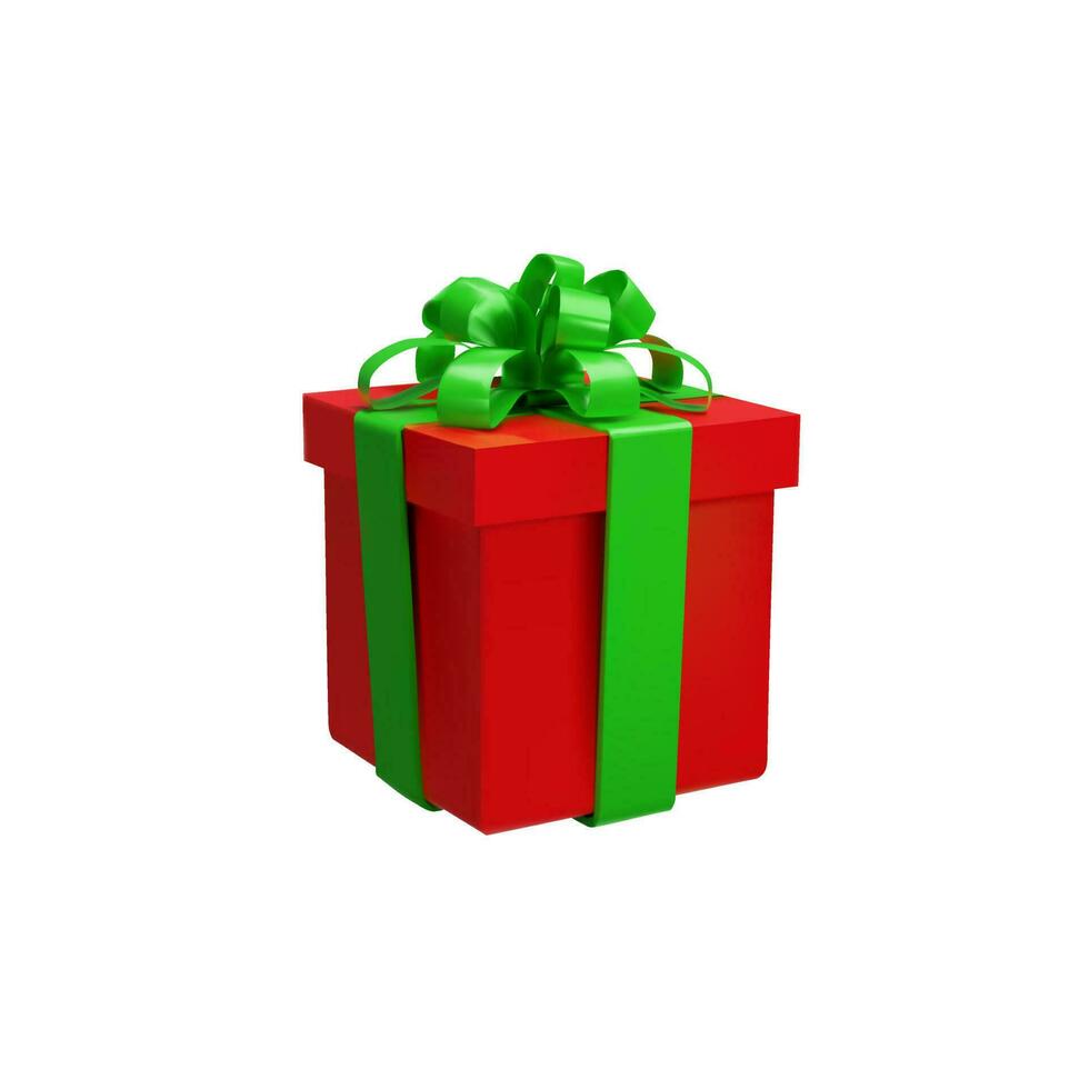 3D render goft box. Red box present and green ribbon for holiday, anniversary, Christmas day, Birthday, wedding celebrations. Vector illustration about package, prize, giftbox