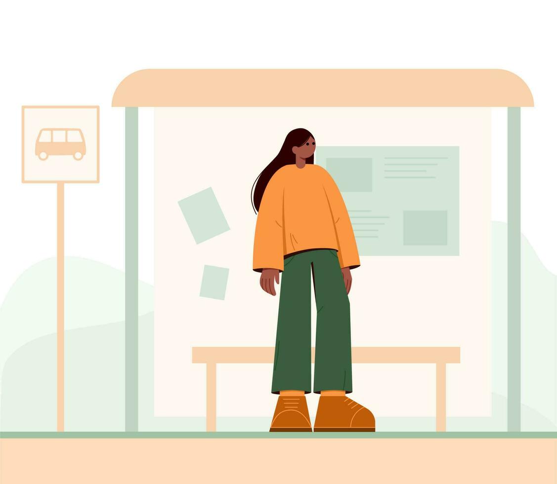 Young woman waiting for the bus while standing at the bus stop. Vector illustration