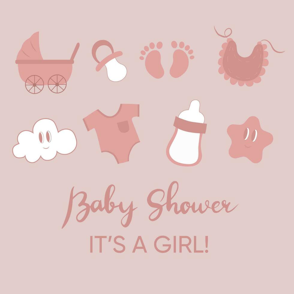 Baby shower design elements. Baby shower concept. It's a girl vector