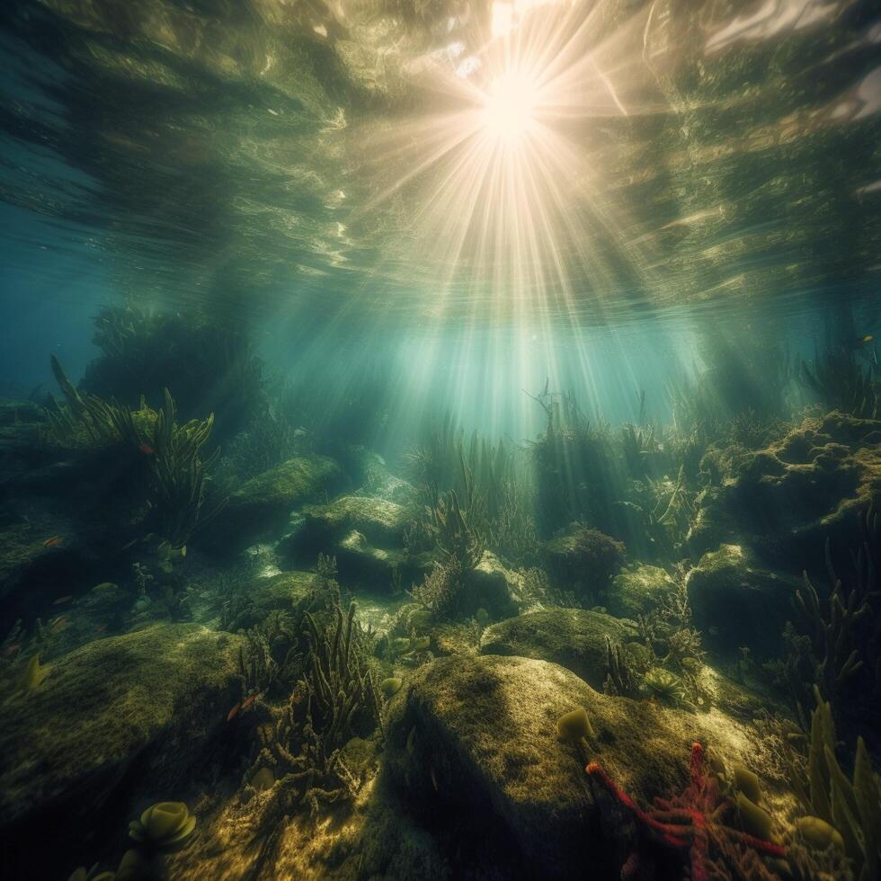 The sun rays break through under the water photo