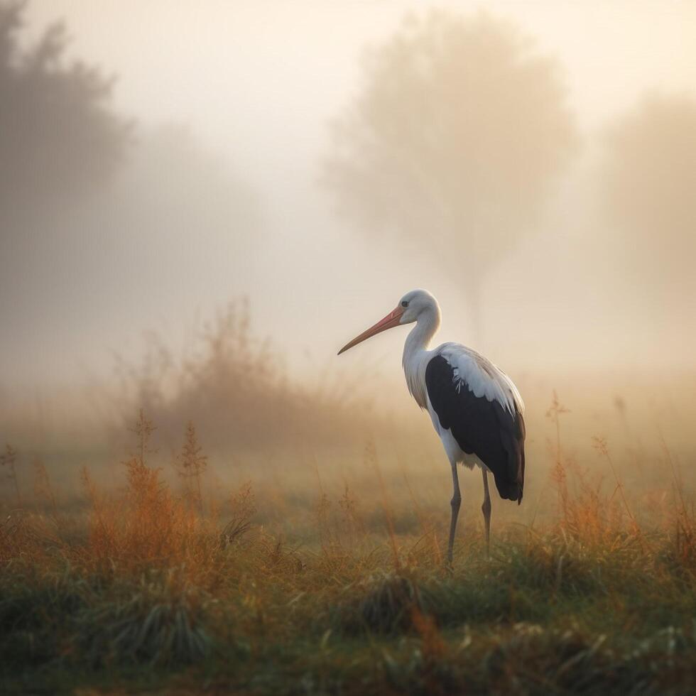 lonely stork bird on froggy morning photo