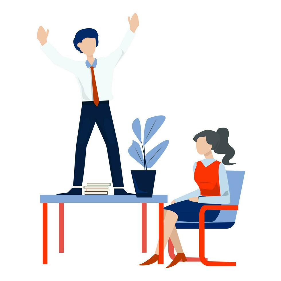 Business people at work vector illustration. Businessman and businesswoman sitting at the table and working together.