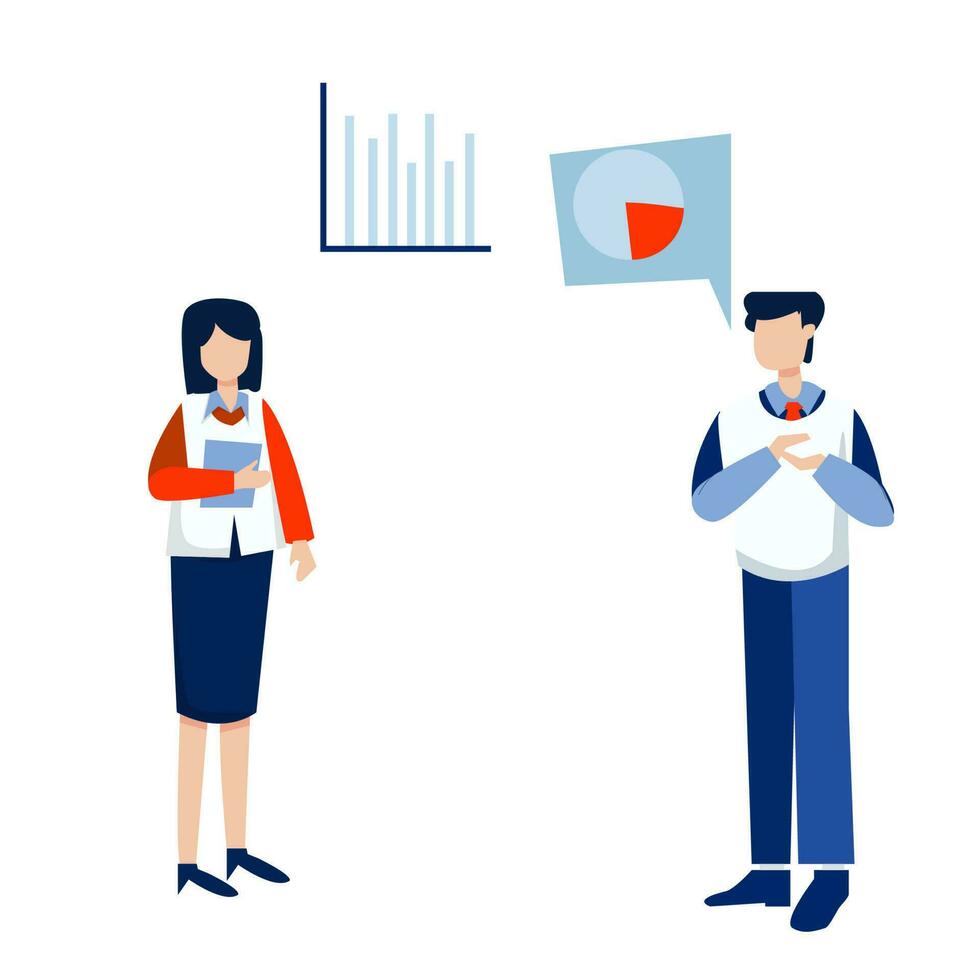 Business man and woman talking about statistics. Vector illustration in flat style