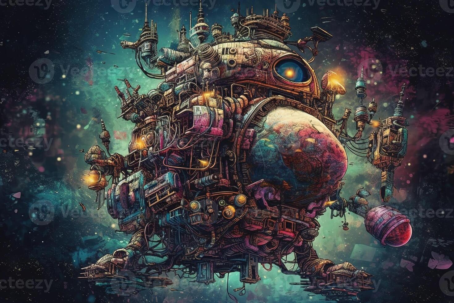 Robotic futuristic spaceship spacecraft exploring alien planet llustration photo