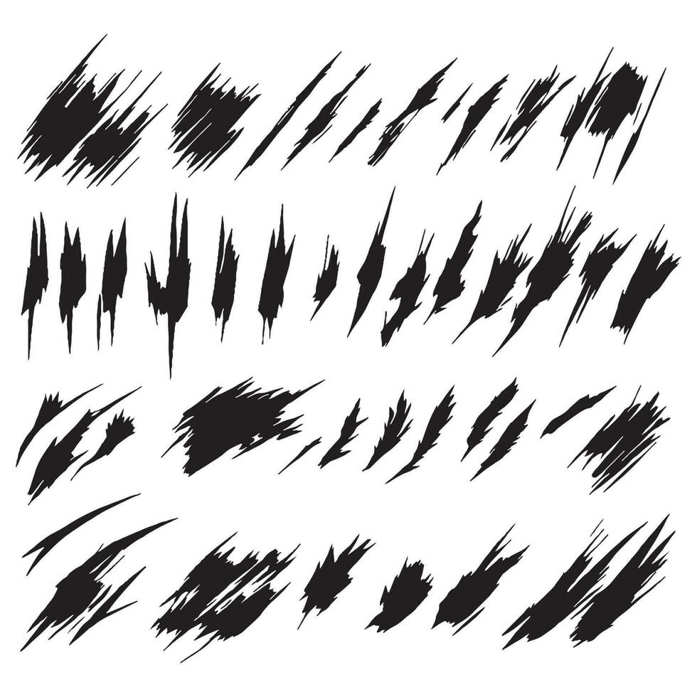 Set of brush strokes with paint, elongated, square, rectangular, real handmade strokes with various shapes, circular, vector stroke set in black color isolated in white background.