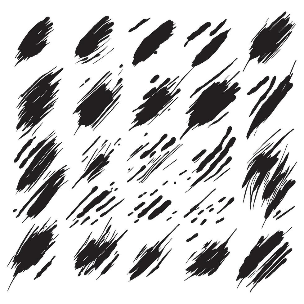 Set of brush strokes with paint, elongated, square, rectangular, real handmade strokes with various shapes, circular, vector stroke set in black color isolated in white background.