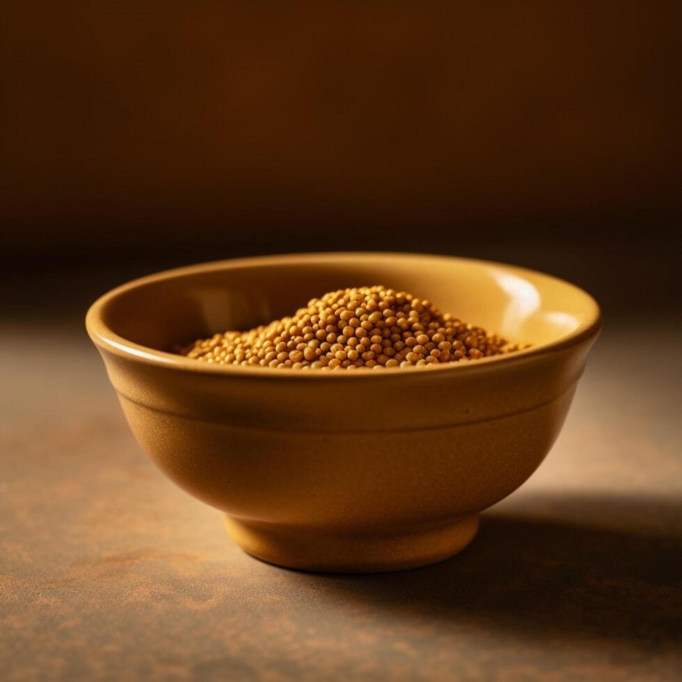 Close up of mustard in bowl on beige background photo