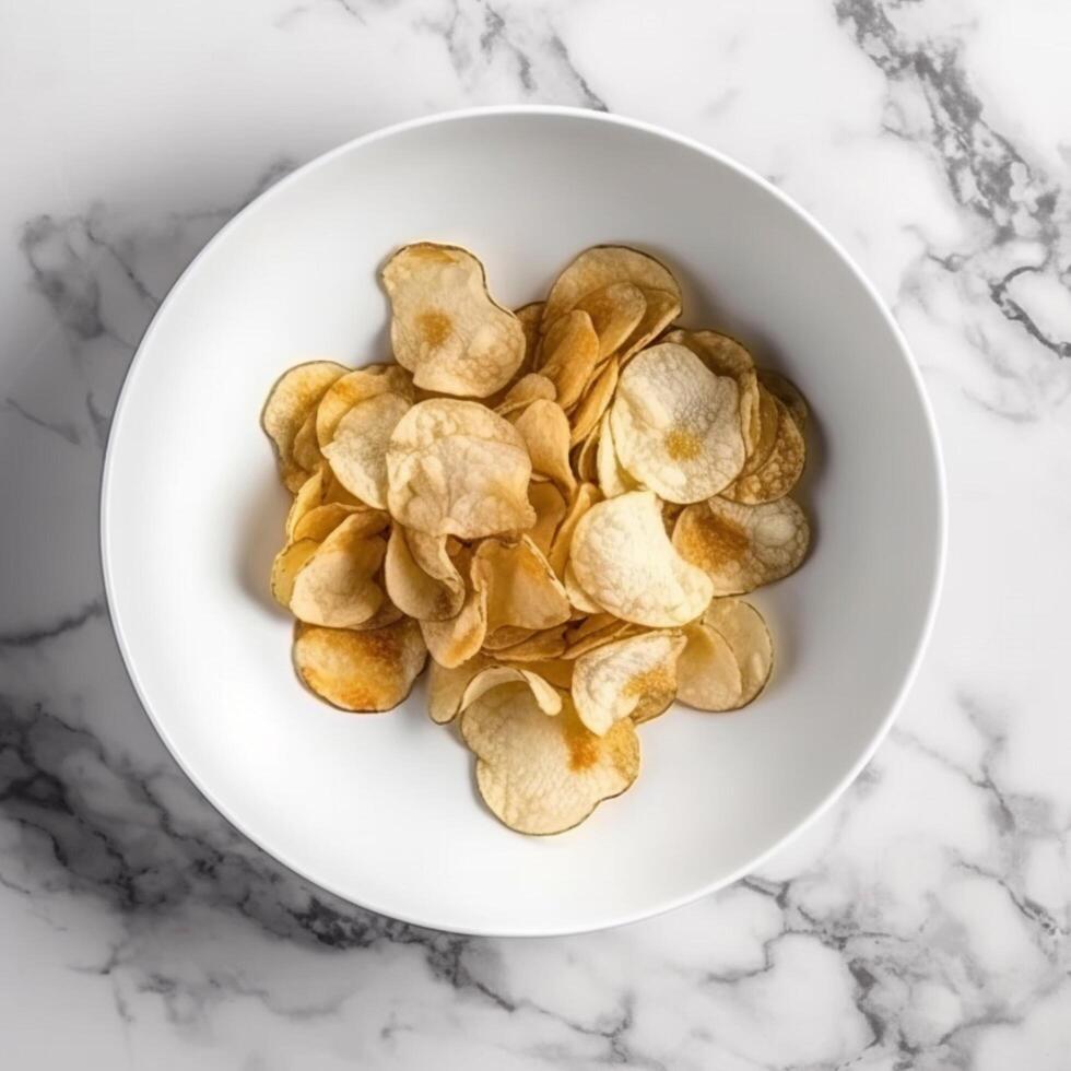 Delicious potato chips in a deep white plate photo