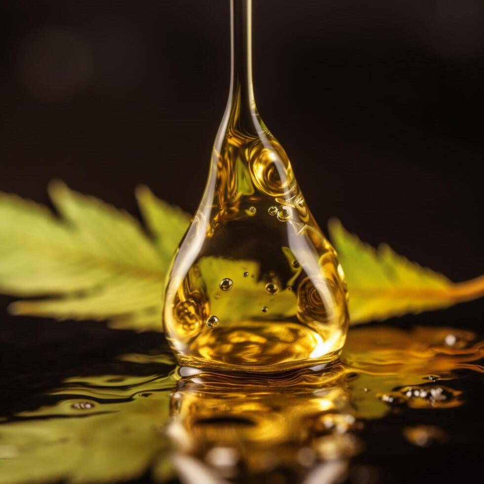 Medical cbd golden oil drop on a cannabis photo