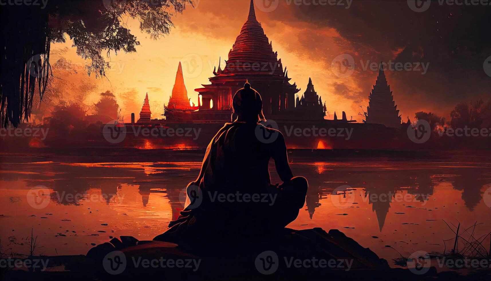 Premium AI Image  Little buddha meditating in the sunset Ia generative