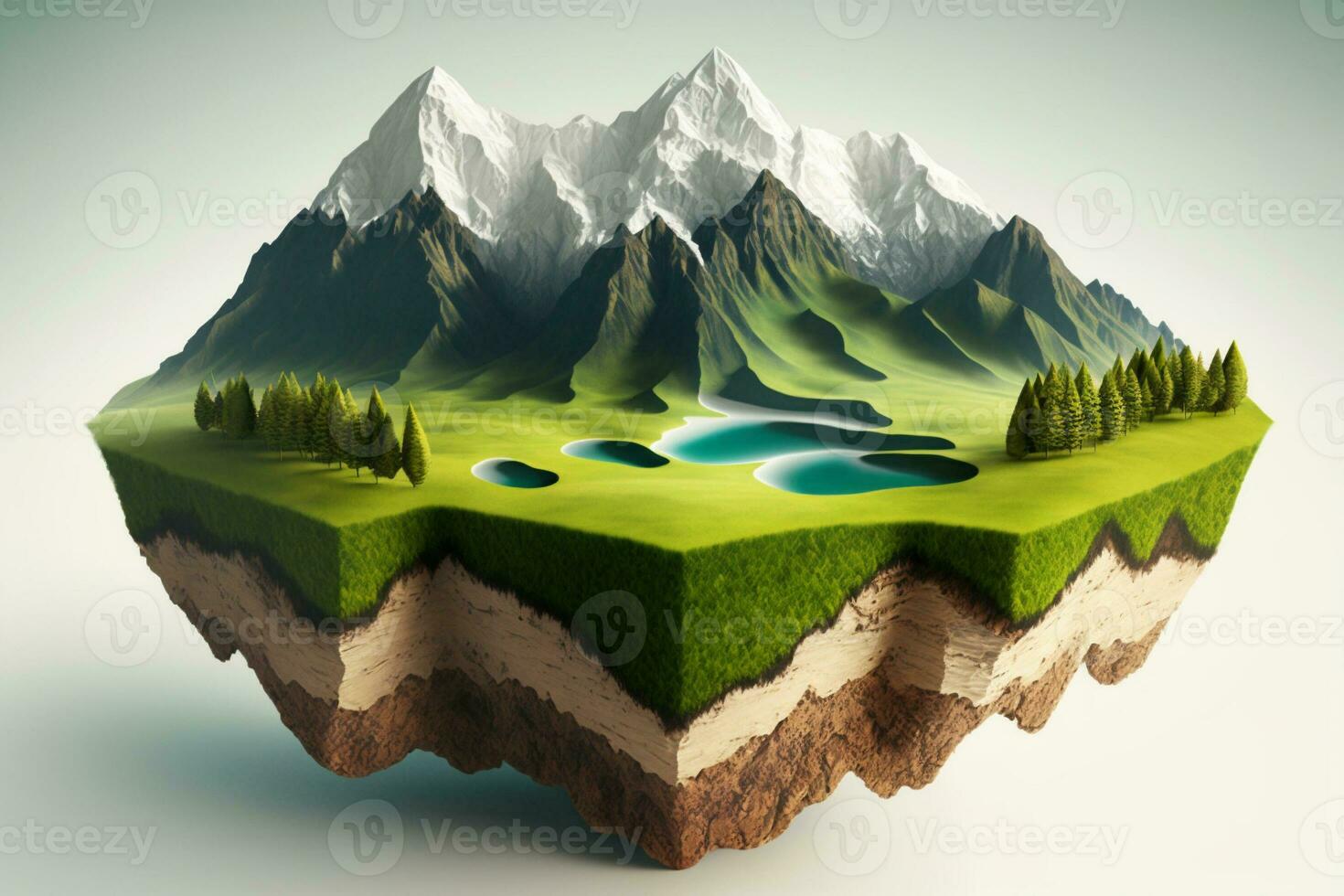 3D land with mountain isolated , Piece of earth land green field. Generate Ai photo