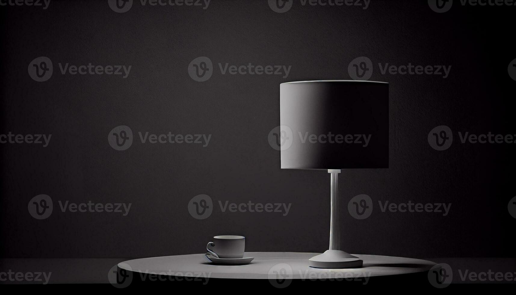 Beautiful minimalistic presentation background with a table and a white lamp against a black textured wall. Generate Ai. photo