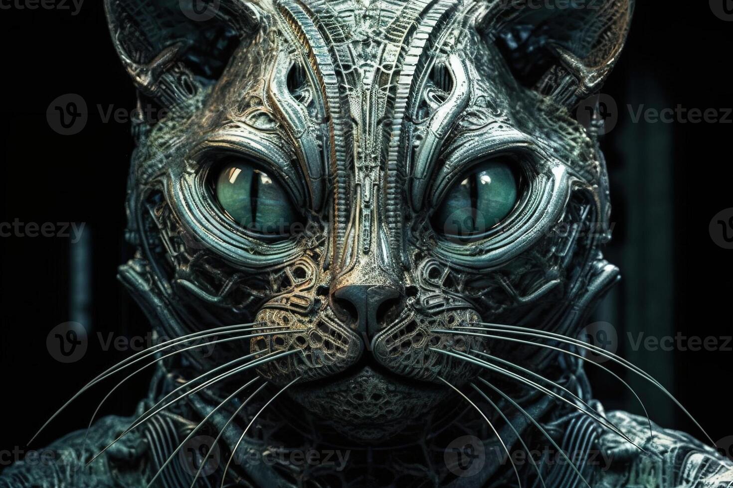 Alien Biomechanical Cat that blend human physiques with machines illustration photo