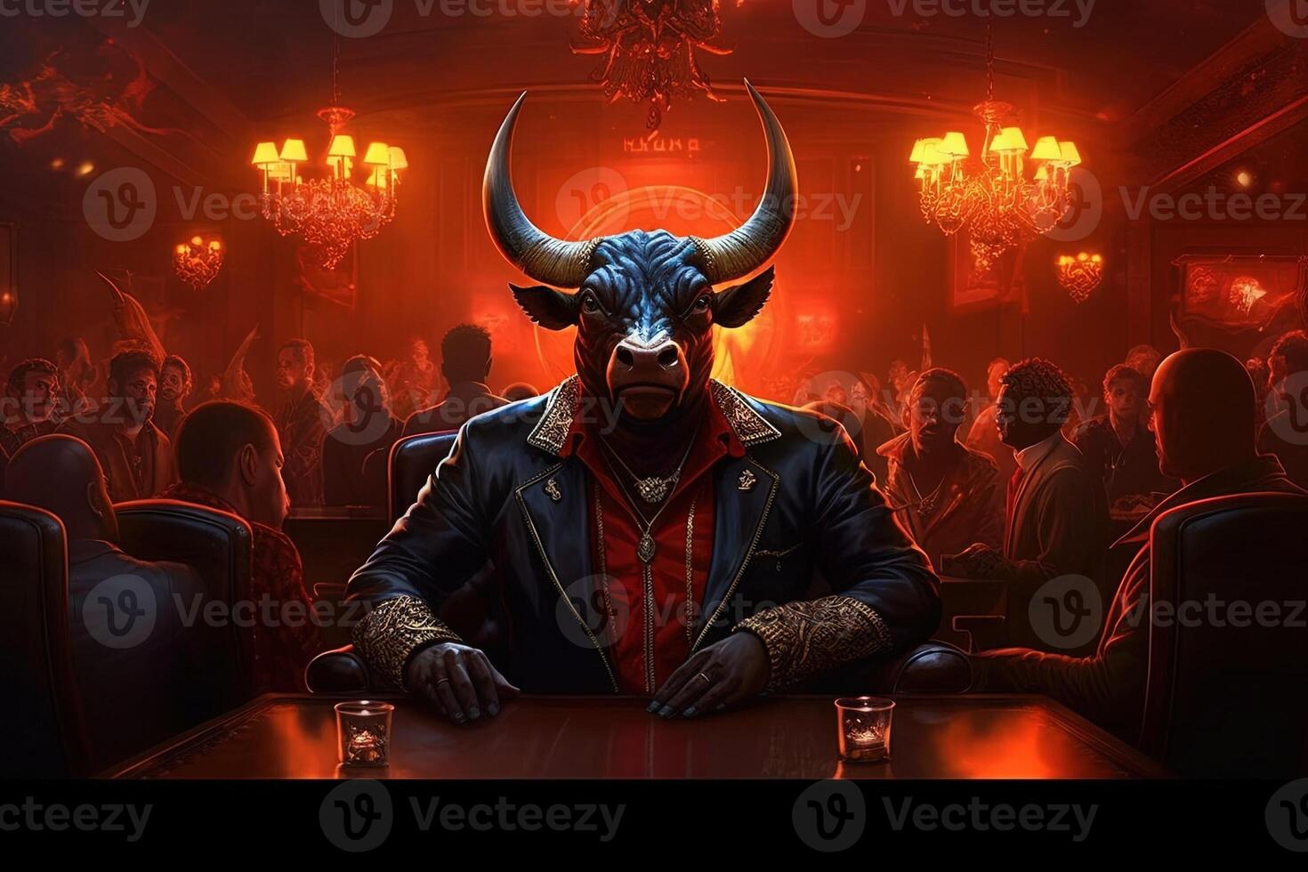 bull gangster in red neon bar illustration photo