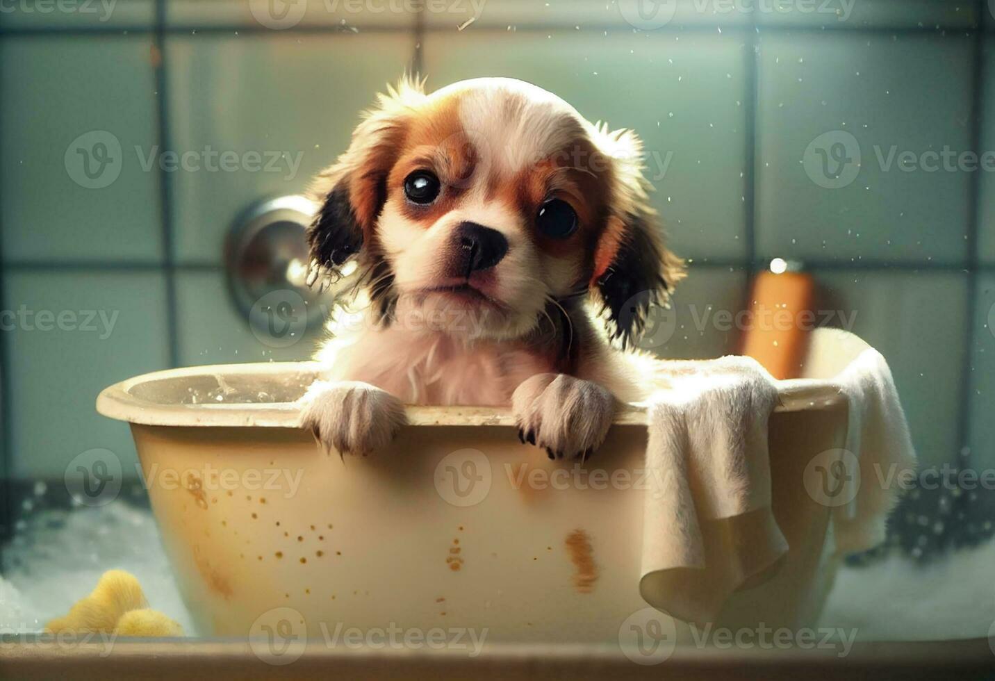 Cute puppy dog in bathtub , pets cleaning, studio shot. Generate Ai. photo