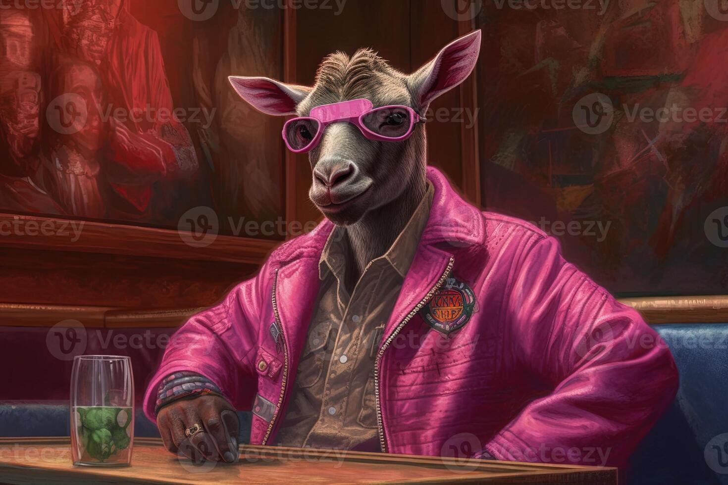 Goat pink gangster in neon bar illustration photo