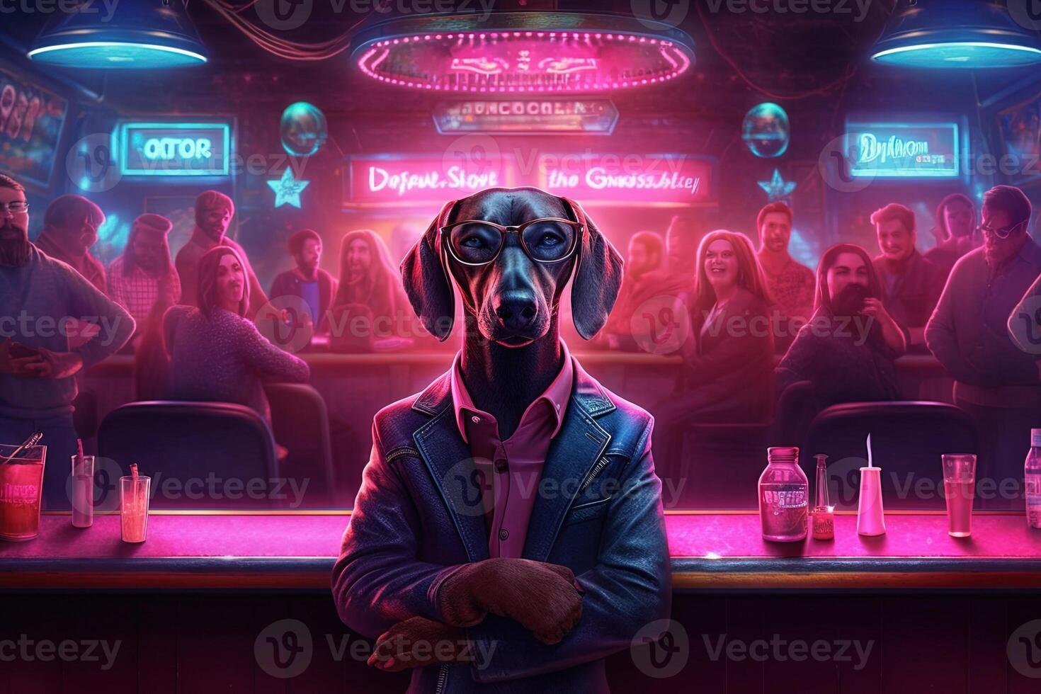 dachshund dog pink gangster in neon bar illustration photo