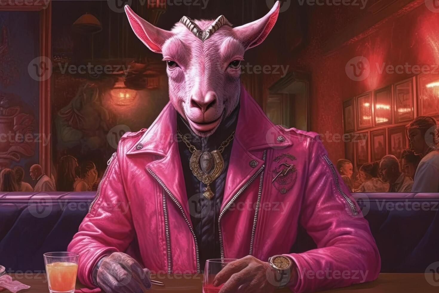 Goat pink gangster in neon bar illustration photo