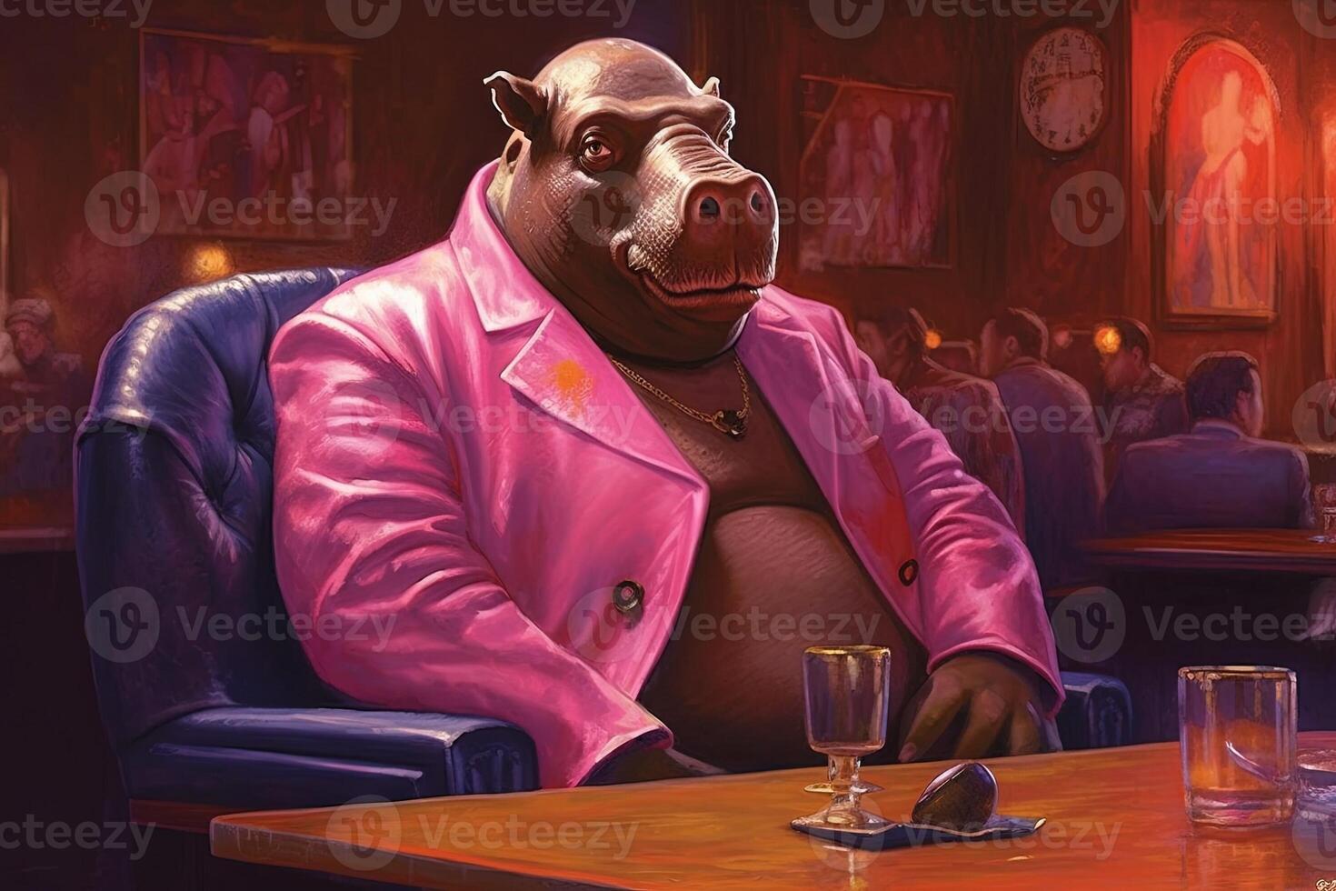 Hippo pink gangster in neon bar illustration photo