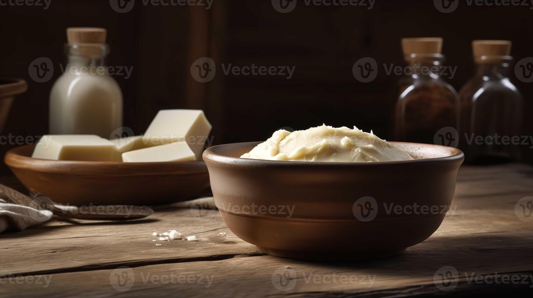 Organic Shea Butter In A Ceramic Bowl On Rustic Table photo