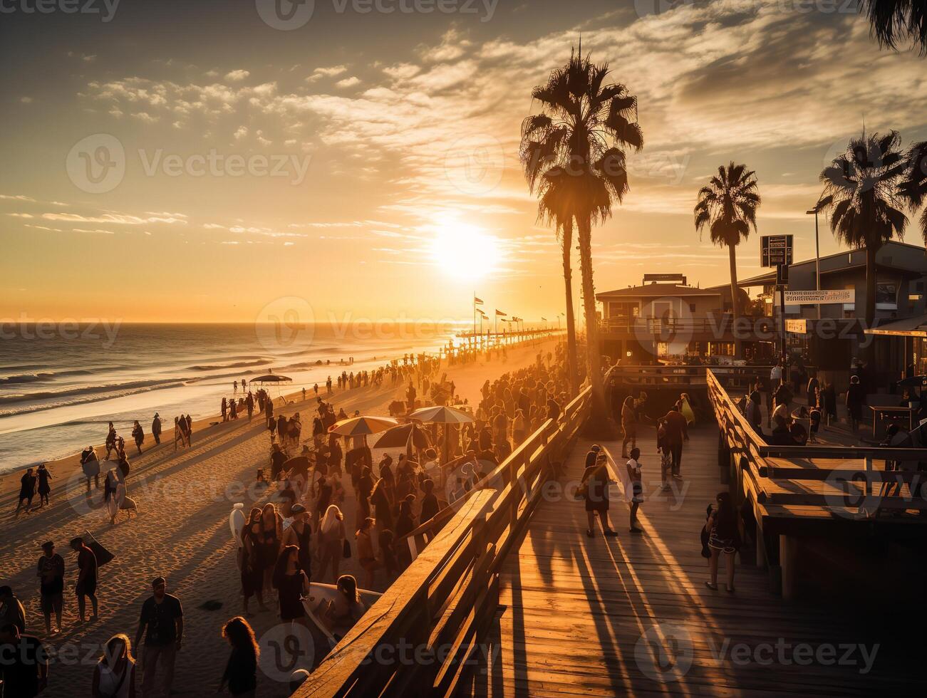 Serene Sunset Over a Busy Boardwalk photo