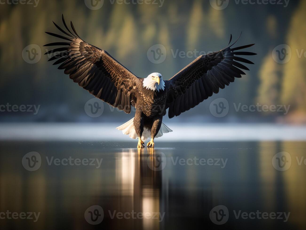 The Majestic Flight of the Bald Eagle over Lake photo