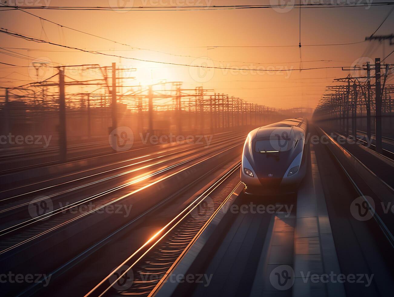 Silhouettes of Speed Bullet Trains at Sunset photo