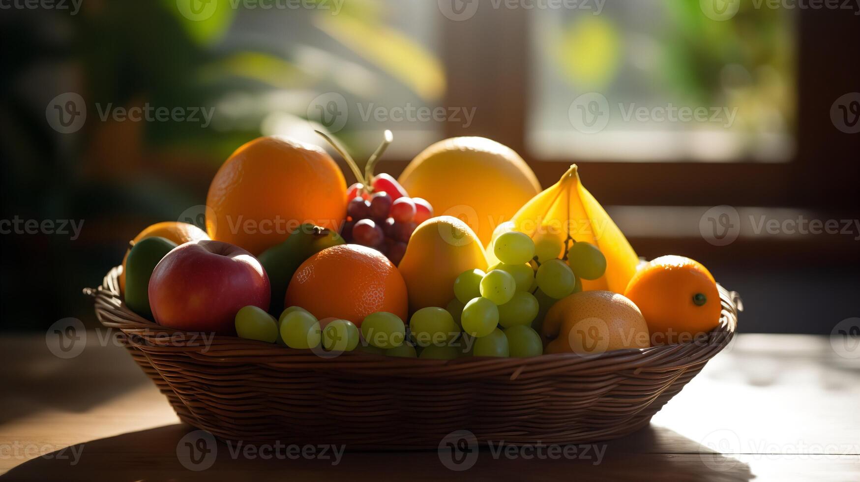 Assorted Fresh Fruit Basket in Morning Sunlight photo