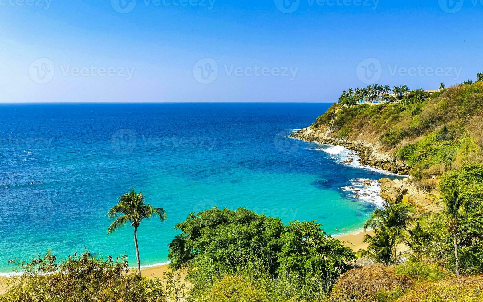 Beach sand blue turquoise water waves panorama Carrizalillo Puerto Escondido. photo