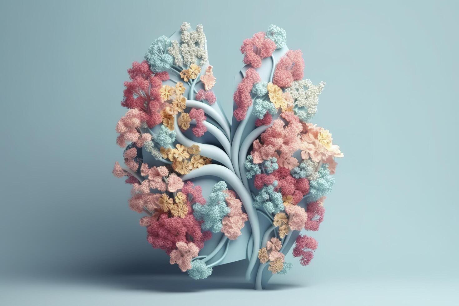 Human lungs with flowers, pastel colors, on blue background, 3d render and illustration, photo