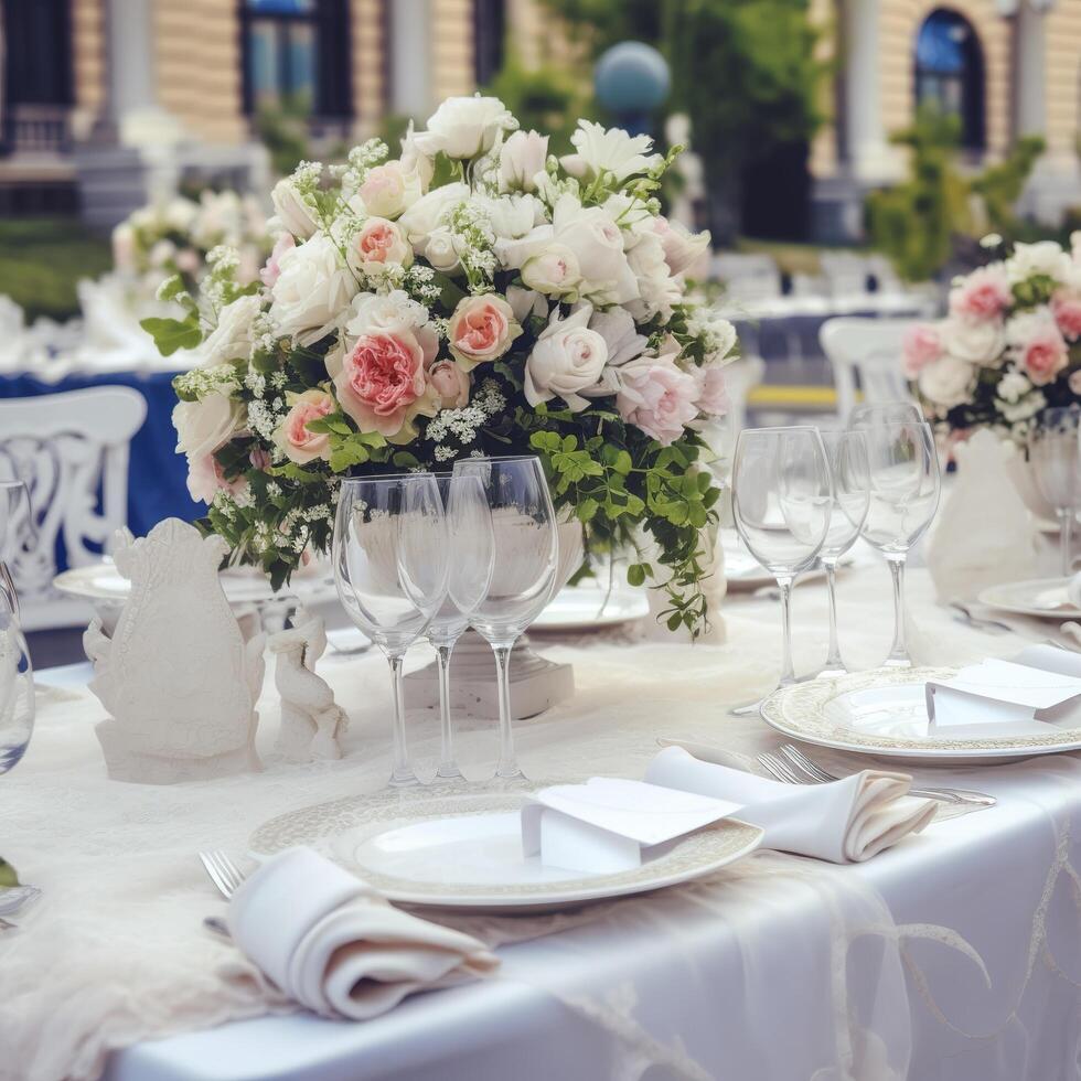 mesa ajuste a un lujo Boda y hermosa flores en el mesa , ai generativo foto