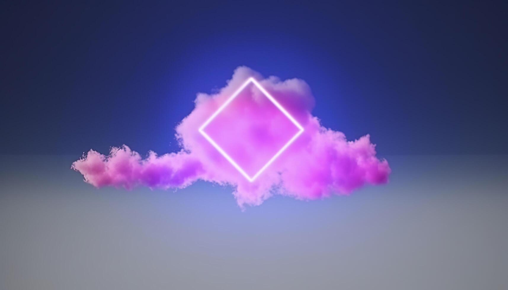 3d render, abstract minimal background with pink blue yellow neon light square frame with copy space, illuminated stormy clouds, glowing geometric shape, generate ai photo