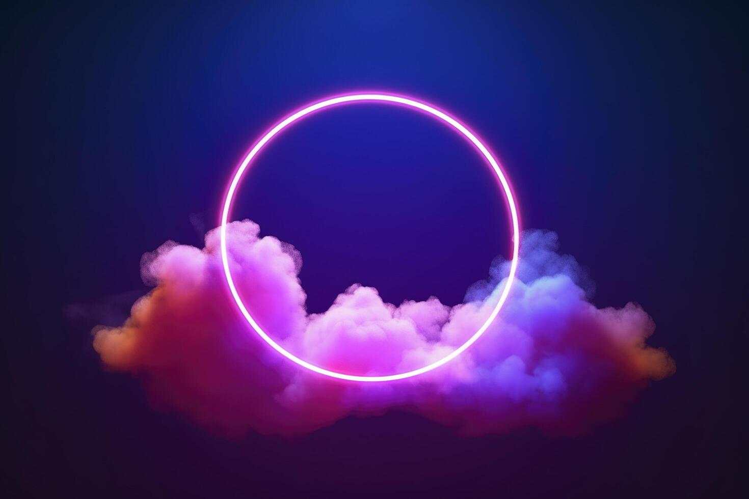 3d render, abstract cloud illuminated with neon light ring on dark night sky. Glowing geometric shape, round frame, generate ai photo