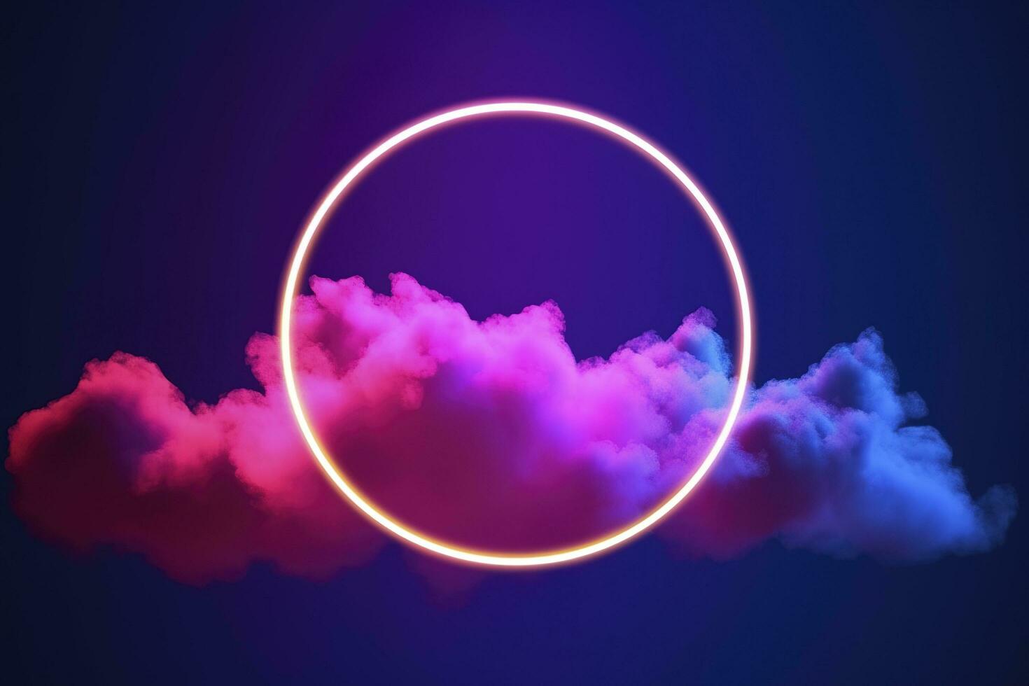 3d render, abstract cloud illuminated with neon light ring on dark night sky. Glowing geometric shape, round frame, generate ai photo