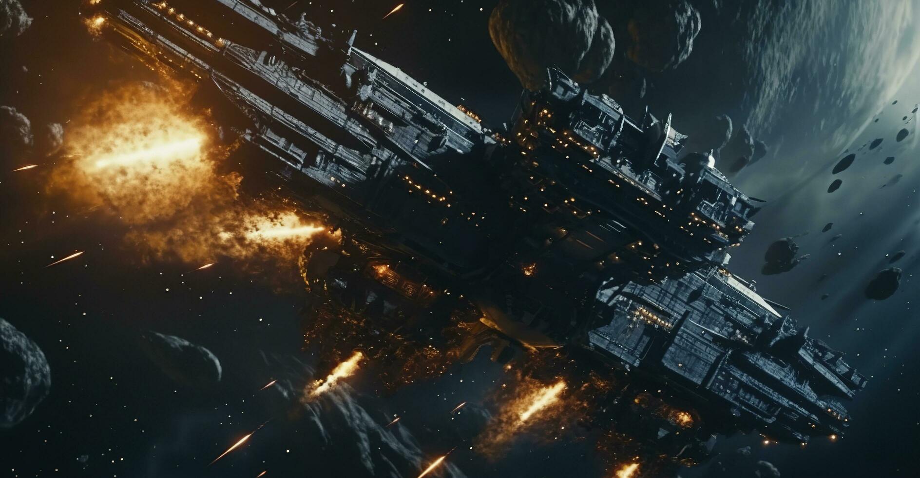 Cinematic Still, intense space battle between two massive battleships, starry sky, nebulae, galaxies, HDR futuristic space battleship destroyers traveling through an asteroid field, generate ai photo