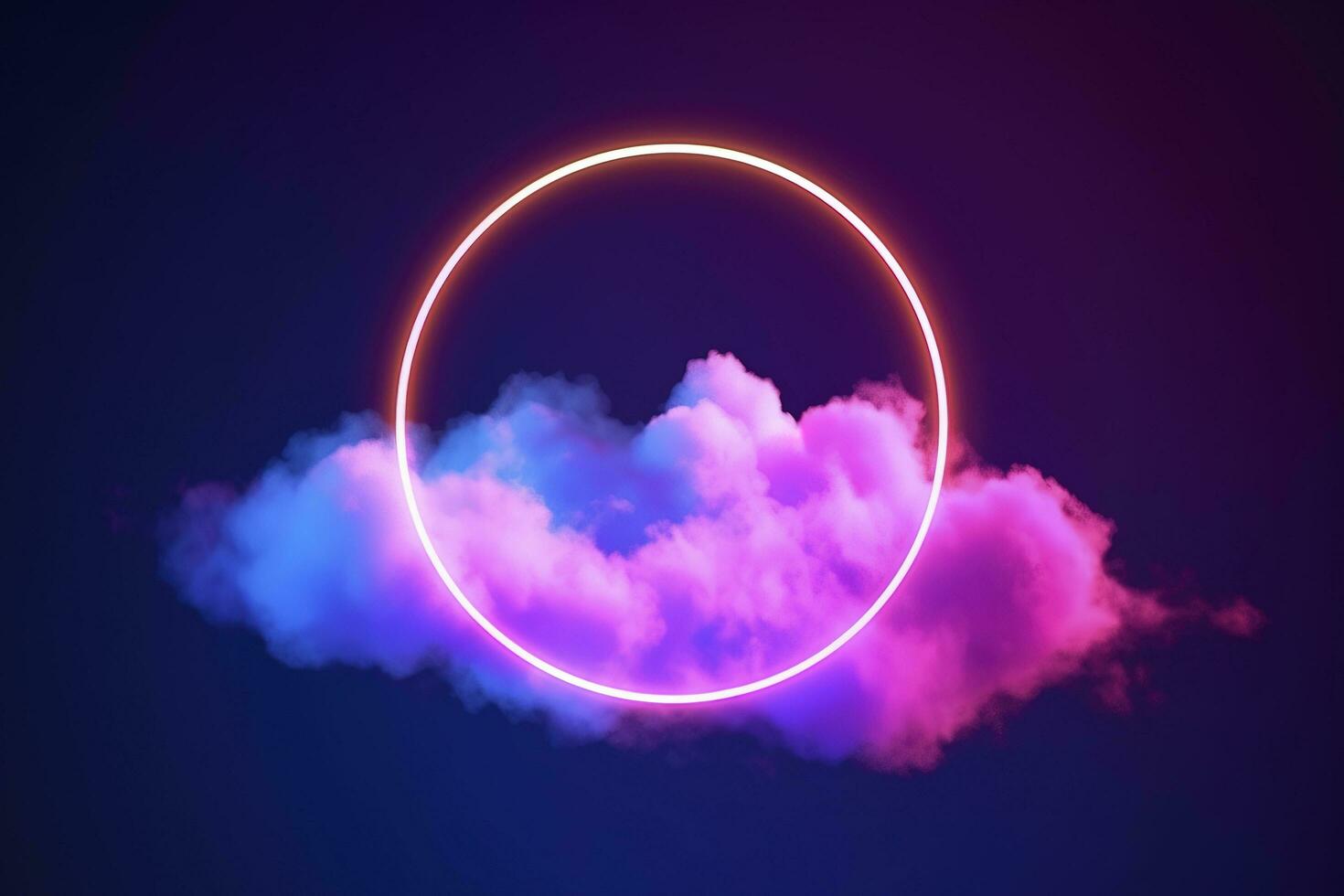 3d render, abstract cloud illuminated with neon light ring on dark night sky. Glowing geometric shape, round frame, generate ai photo