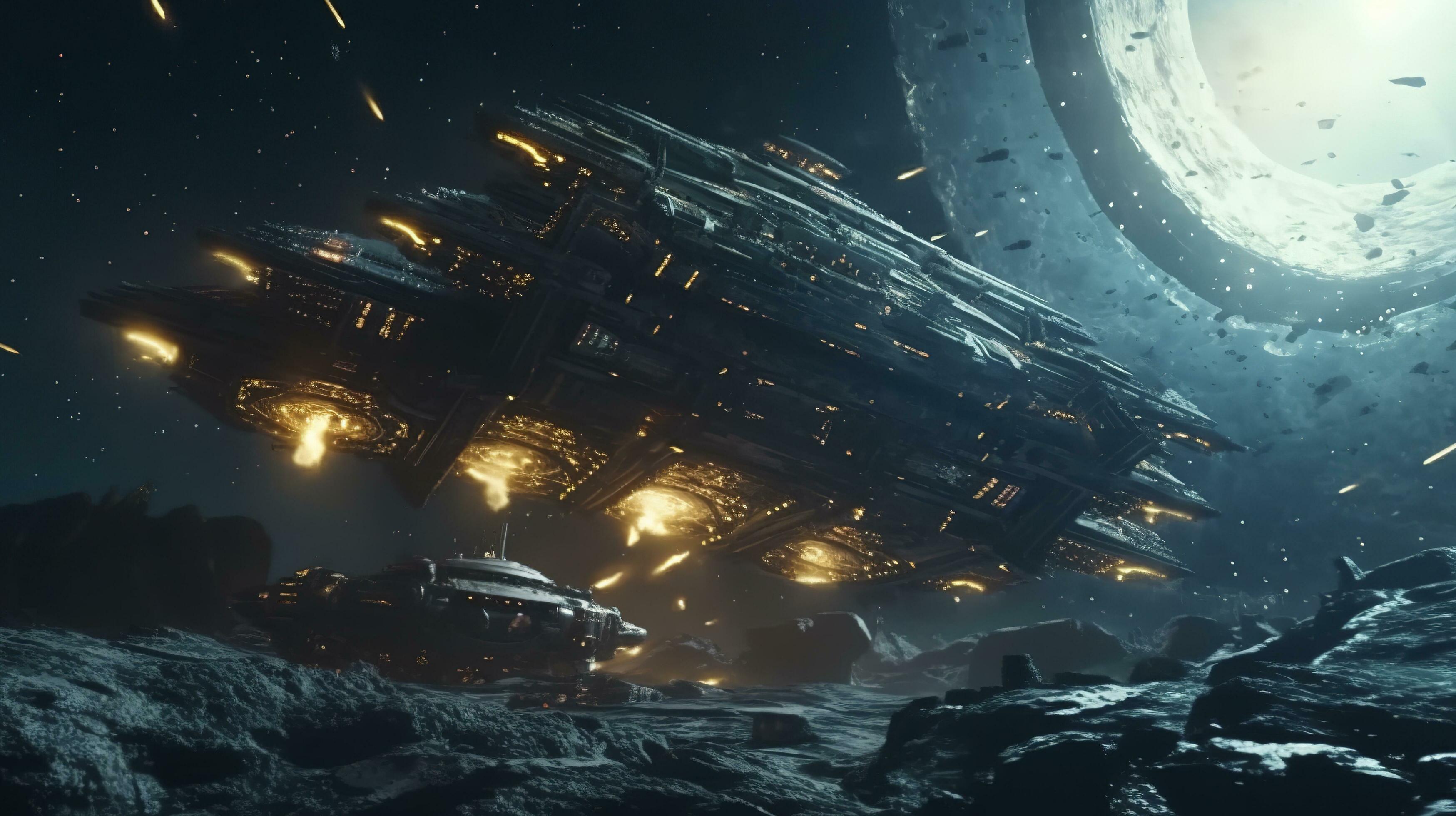 Cinematic Still, intense space battle between two massive battleships,  starry sky, nebulae, galaxies, HDR futuristic space battleship destroyers  traveling through an asteroid field, generate ai 24355281 Stock Photo at  Vecteezy