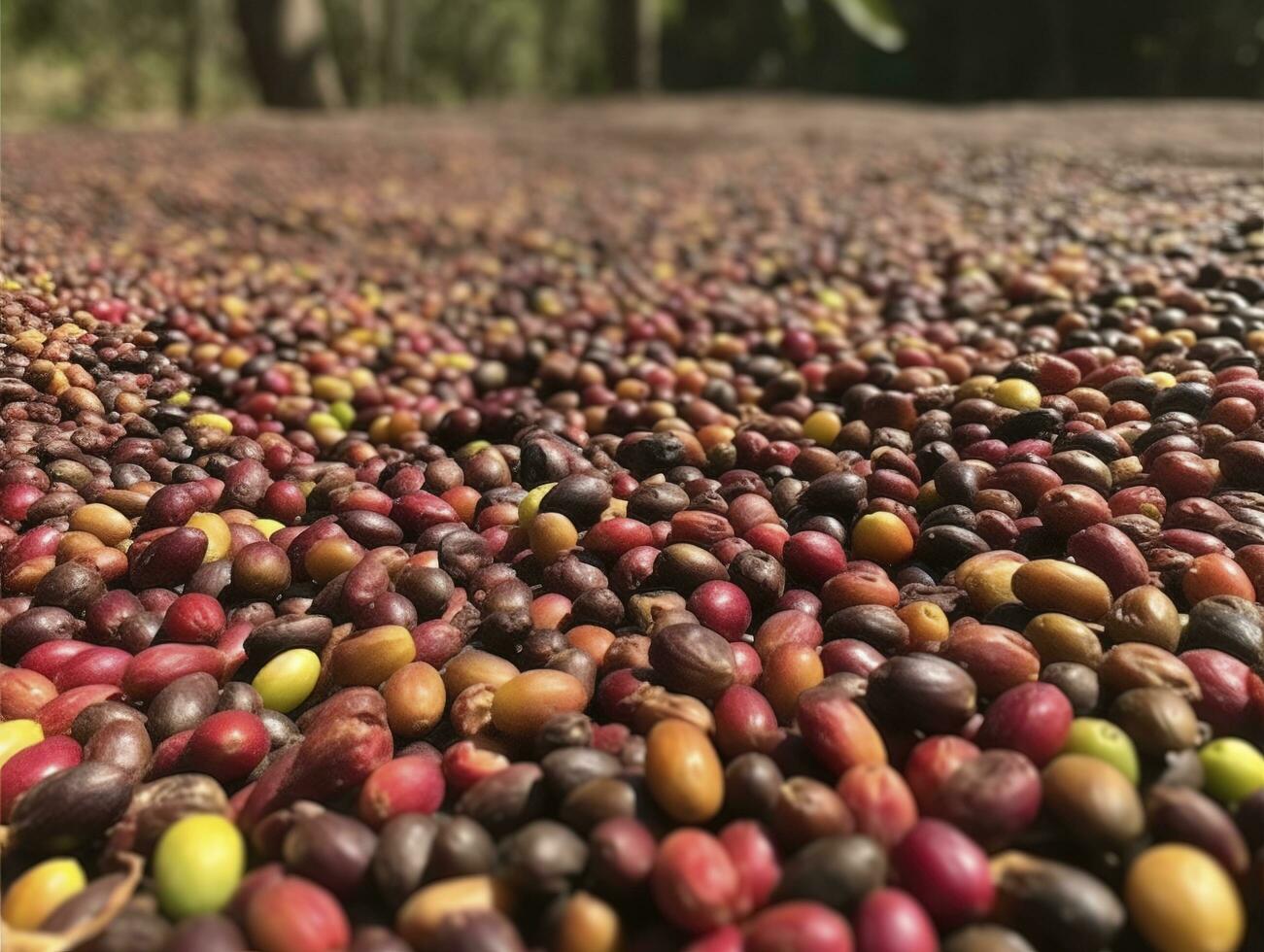 Ethiopian red and green coffee cherries lying to dry in the sun. This process is the natural process. Bona Zuria, Ethiopia, generate ai photo