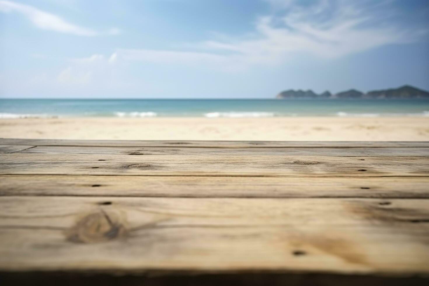 Empty wooden table on a beautiful blured tropical beach background. Summer holiday background for product display, generate ai photo