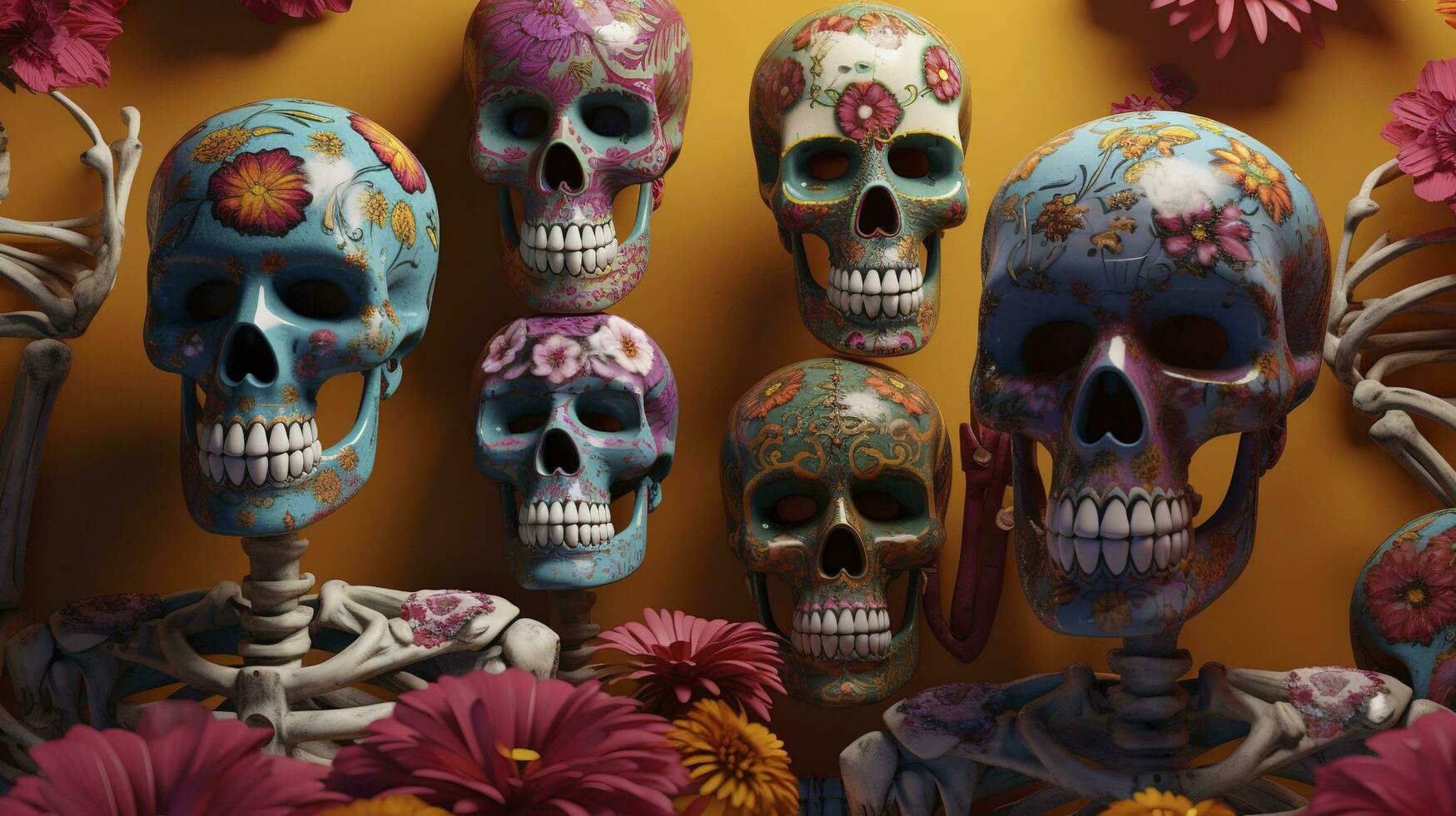 skeleton family, skulls, flowers, dusted, faded, mexican art, day of the dead, hyper detailed, intricate patterns, art deco, vibrant colors, unreal engine, generate ai photo