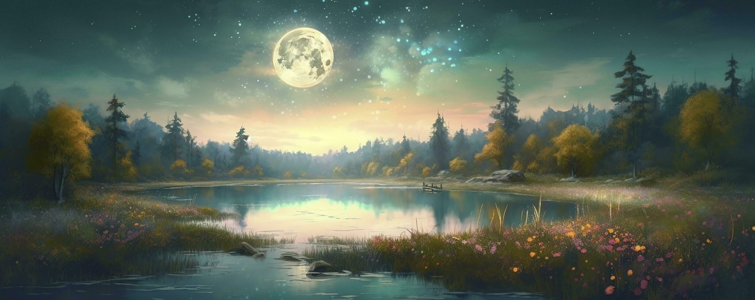 night landscape environment harvest moon over a glittering lake lush vegetation birchwood trees, flowers, magical galaxy. 3d drawing digital art, generate ai photo