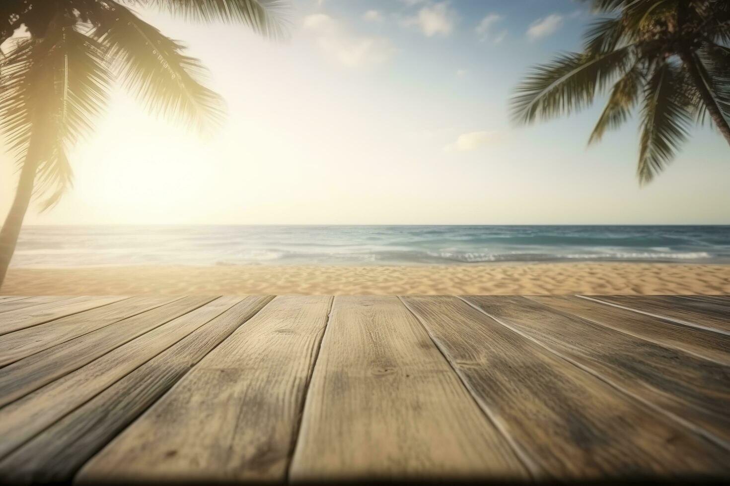 vacío de madera mesa en un hermosa blured tropical playa antecedentes. verano fiesta antecedentes para producto mostrar, generar ai foto