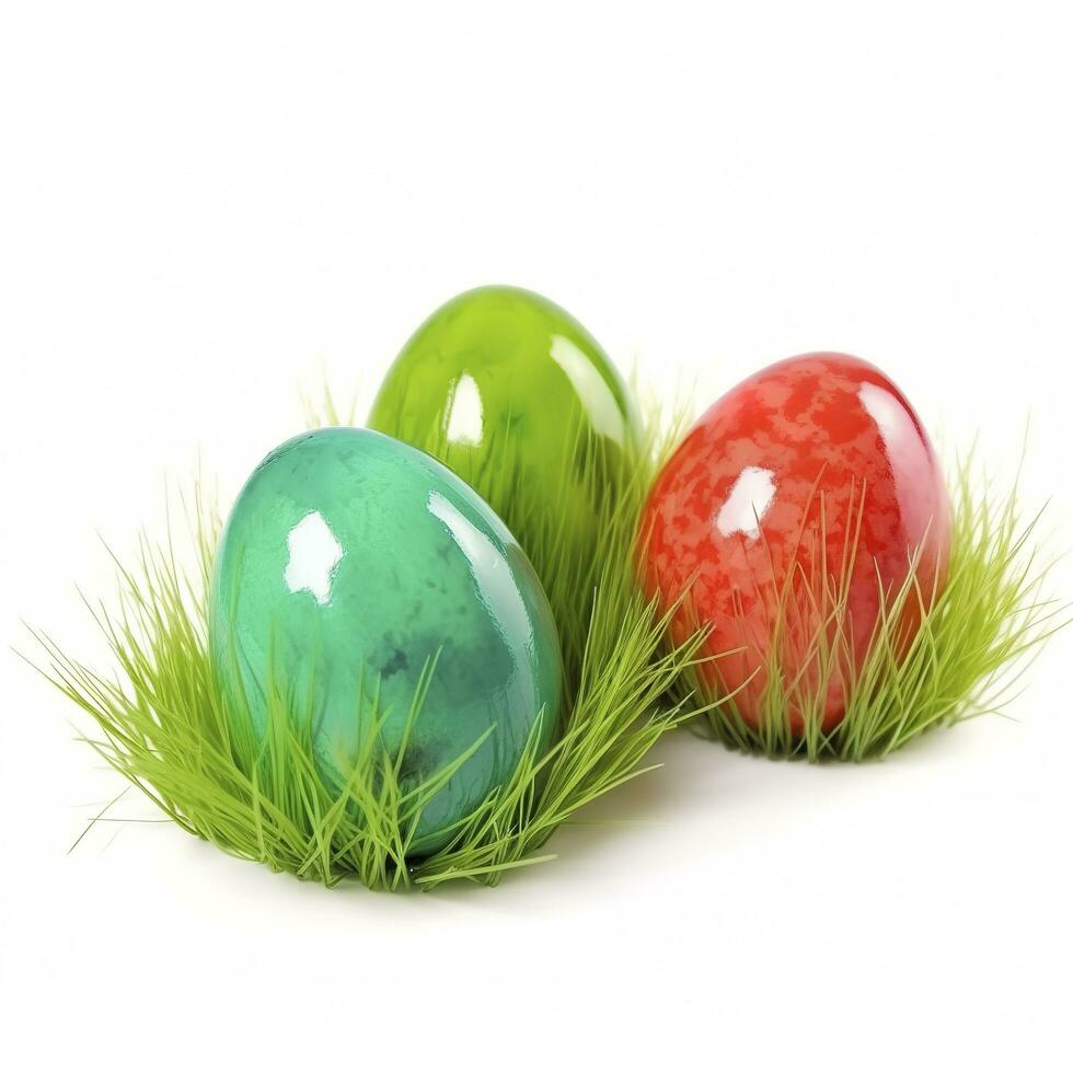 Easter eggs in green grass isolated on white background, generate ai photo