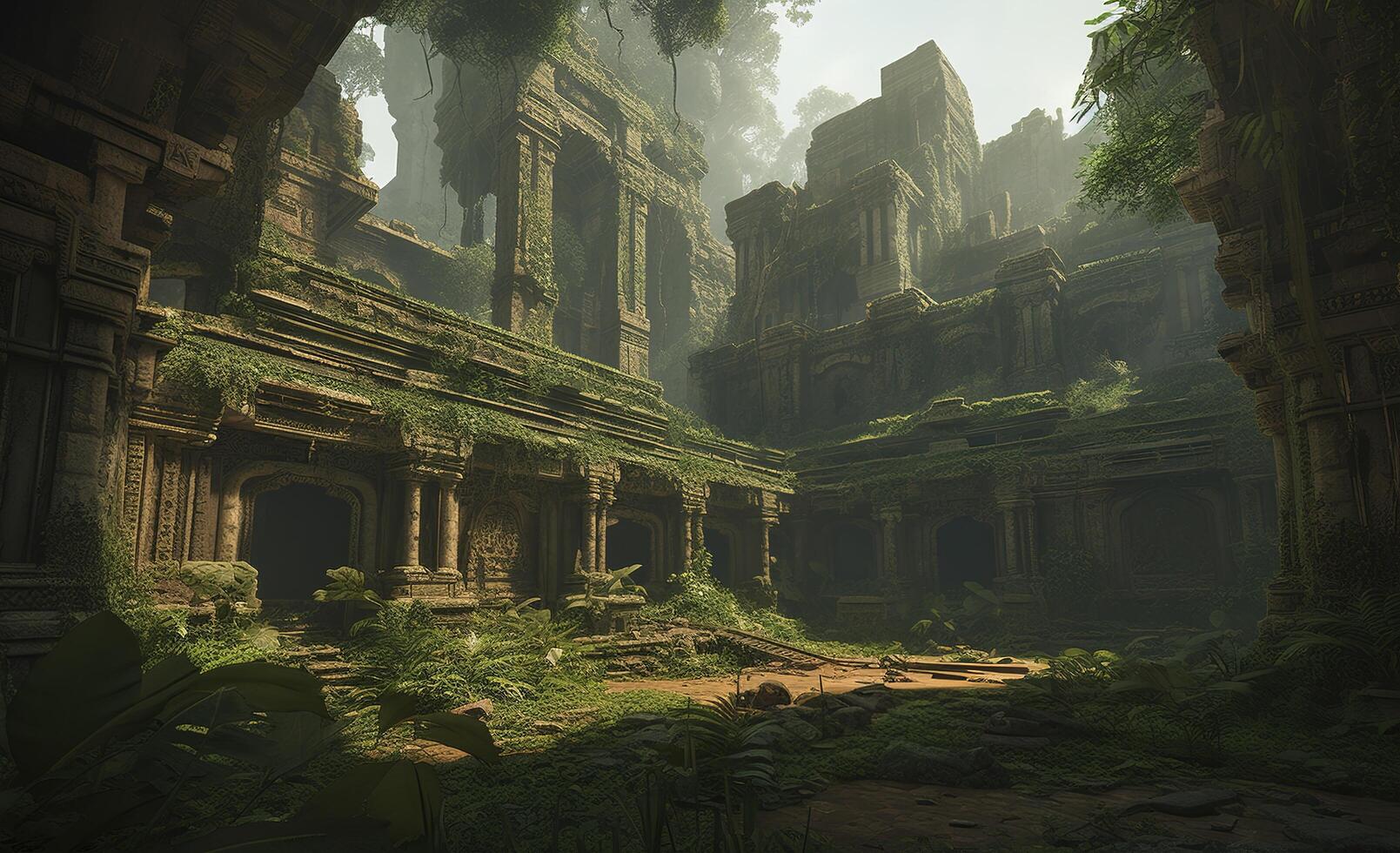 illustration of ancient temple ruins in a jungle photo