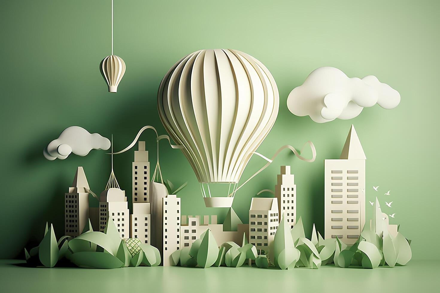 Paper cut of light bulb with green eco city , Renewable energy by 2050 Carbon neutral energy or greenhouse gas emission CO2 , Save energy creative idea concept , photo
